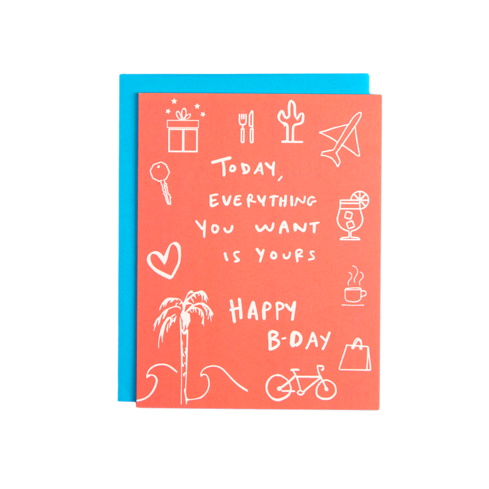 Red card with drawings of things gifts, cactus, plane, drinks etc in white. "today everything you want is yours. Happy Birthday" at shop reap and sow dot com