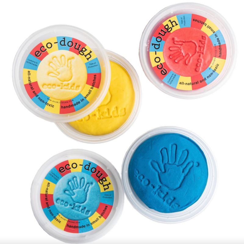 eco dough by eco kids use in primary colors of yellow, red and blue all natural and nontoxic play dough alternative
