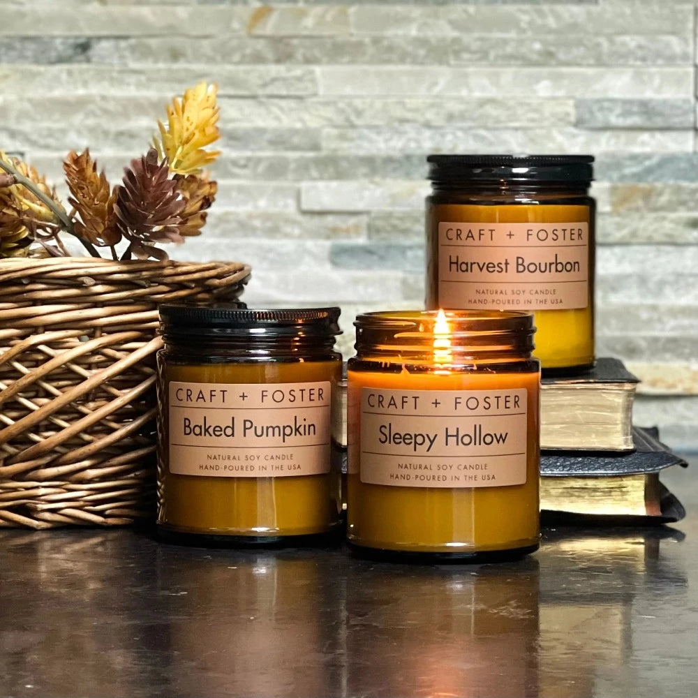Seasonal hand-poured in the USA soy candles baked pumpkin, sleepy hollow, harvest bourbon by Craft + Foster at Reap & Sow
