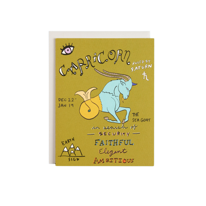 Capricorn the Sea Goat Birthday Zodiac Greeting Card with Astrological traits Amador Collective Available at Shop Reap & Sow