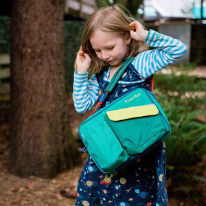 Little girl in galaxy dress has planet box rover & launch lunchbox carry bag on her shoulder