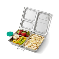 Full lunch pasta, sliced carrots and small dipper with ranch, strawberries packed in Launch Planetbox stainless steel zero-waste lunchbox. Shop reap and sow