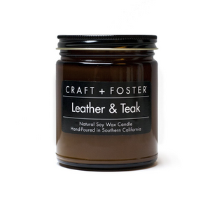 craft and foster leather and teak black label natural hand-poured soy wax candle available at reap and sow
