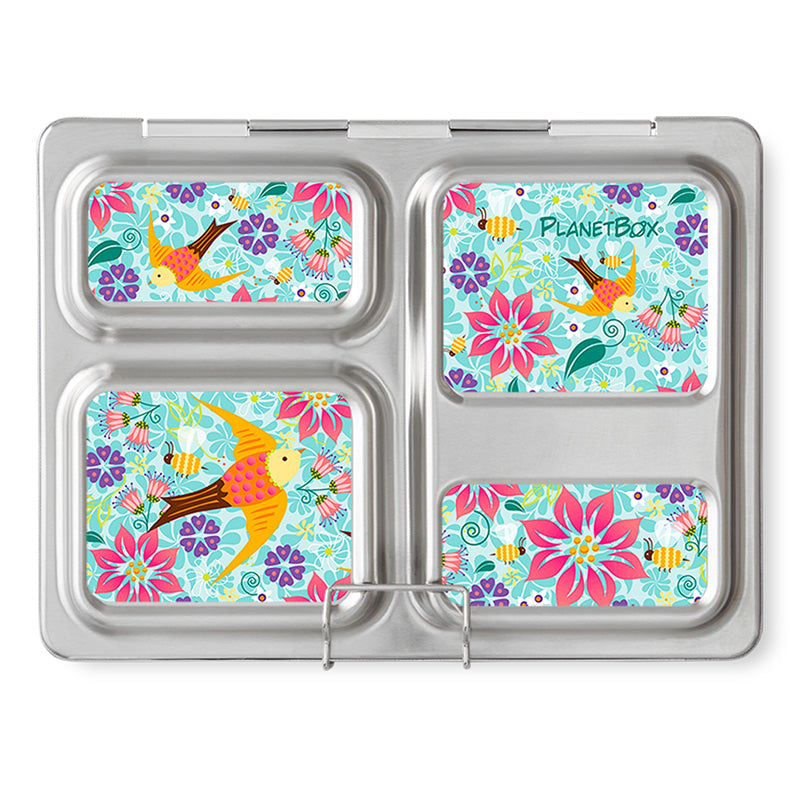 Planetbox stainless steel zero-waste Launch lunchbox magnets. Botanical flora fauna birds. Shop reap and sow