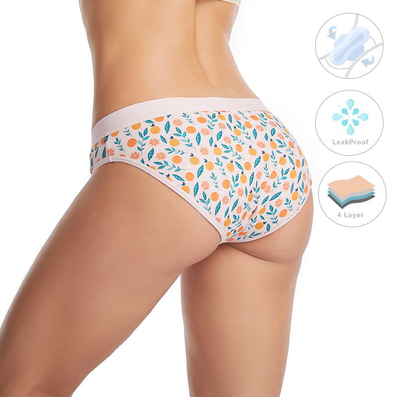 Period menstrual underwear tweenie bikini light peach with small manderin oranges and leaves by Asher Tampon Tribe at Reap & sow. 4 layers Leakproof. 
