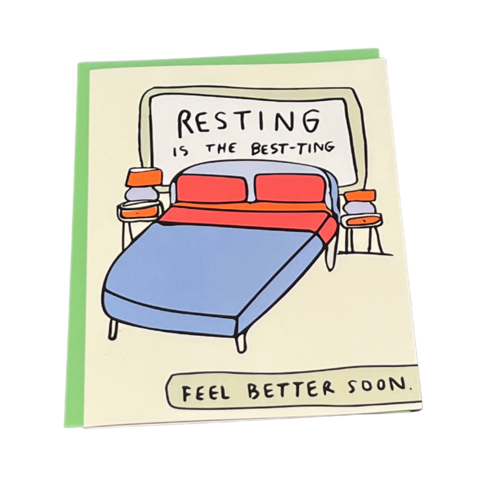 resting is the best-ting feel better soon. Bed with nightstands. Amador greeting card available at Reap & Sow