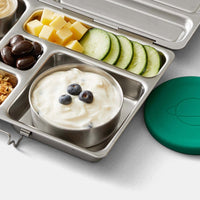 Yogurt with Blueberries Planetbox stainless steel round Big Dipper with green silicone cover in stock at Shop Reap and Sow