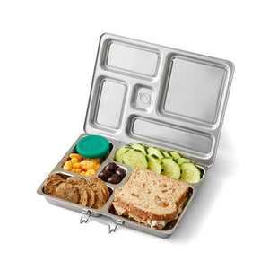 Packed lunch - sandwich, cucumbers, crackers, olives, snacks with dip in rover planetbox zero-waste lunchbox