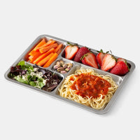 full rover stainless steel lunch tray by planet box. spaghetti, strawberries, pistachios, sliced carrots, and salad - lets do lunch