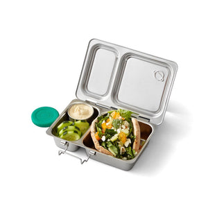 Packed lunch pita with side of cucumbers and hummus packed in shuttle planetbox stainless steel zero-waste lunchbox at shop reap and sow