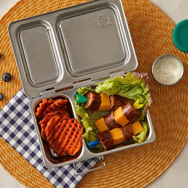 Packed lunch kabobs let's and crinkle sweet potatoes packed in planetbox stainless steel zero-waste SHUTTLE lunchbox at shop reap and sow