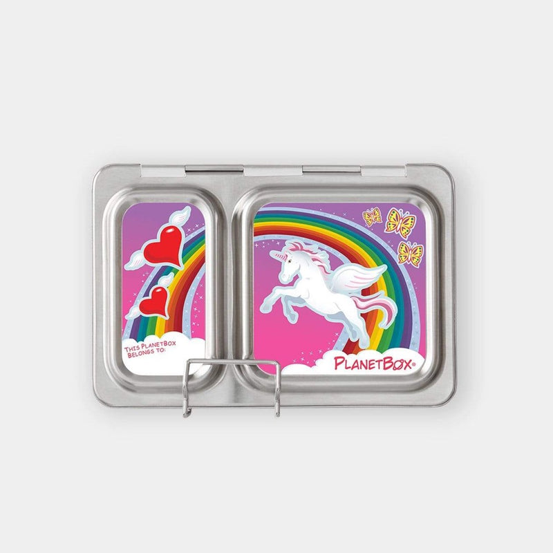 Planetbox stainless steel zero-waste shuttle lunchbox magnets. rainbows hearts butterflies unicorn. Shop reap and sow