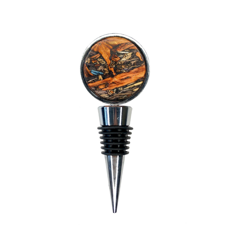 "fossilized" black and tan Tumbleweed (stone) medallion wine stainless steel stopper on side. shopreapandsow 