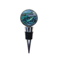 "fossilized" blue/teal Tumbleweed (stone) medallion wine stainless steel stopper on side. shopreapandsow