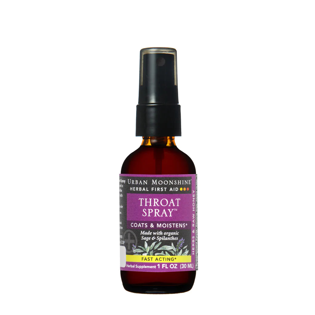 urban moonshinw herbal first aid throat spray coats and moistens made with organic sage and spilanthes fast-acting