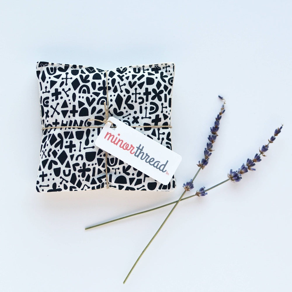 organic lavender in a sachet. cute print in black on white background. Minor Thread at shop reap and sow 