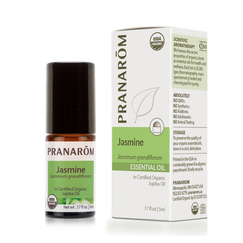 Pranarom jasmine essential oil (jasminum grandiflorum) in certified organic jojoba oil. no gmos, no synthetics, no additives, no adultrants, no animal testing. 5ml at Shop Reap & Sow 