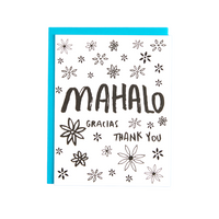 Mahalo, Gracias, Thank you in black on a white background card with lots of flowers. Amador collective available at reap and sow