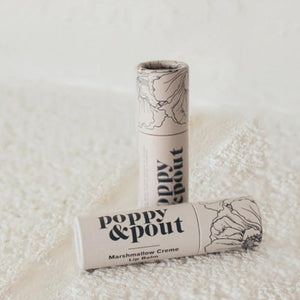 Marshmallow Creme Poppy & Pout Lip Balm in Light Grey zero-waste packaging. Reap & Sow Zero Waste DIY Refillery