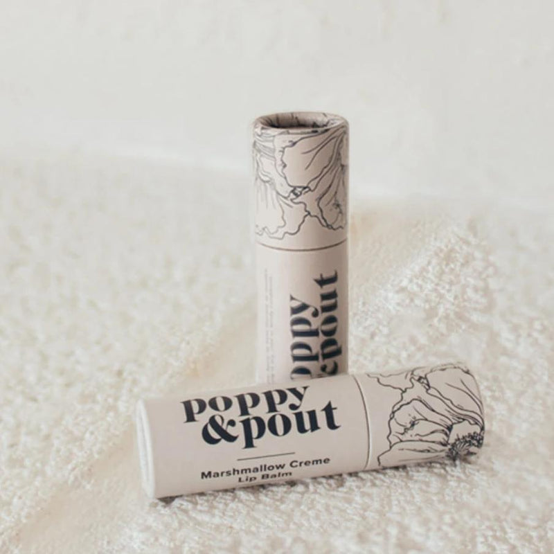 Marshmallow Creme Poppy & Pout Lip Balm in Light Grey zero-waste packaging. Reap & Sow Zero Waste DIY Refillery