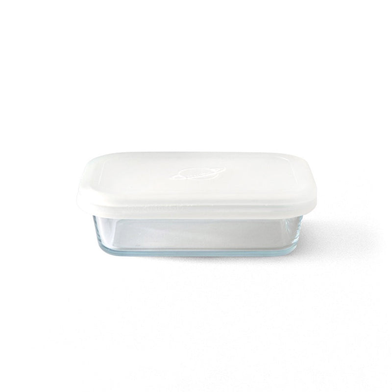 satellite glass food container dish with white silicone lid is perfect to heat lunch foods. Planetbox zero-waste 
