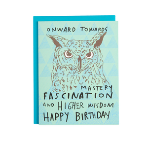 wise owl happy birthday onward towards. high wisdom owl on blue background. Amador Collective at Reap & Sow